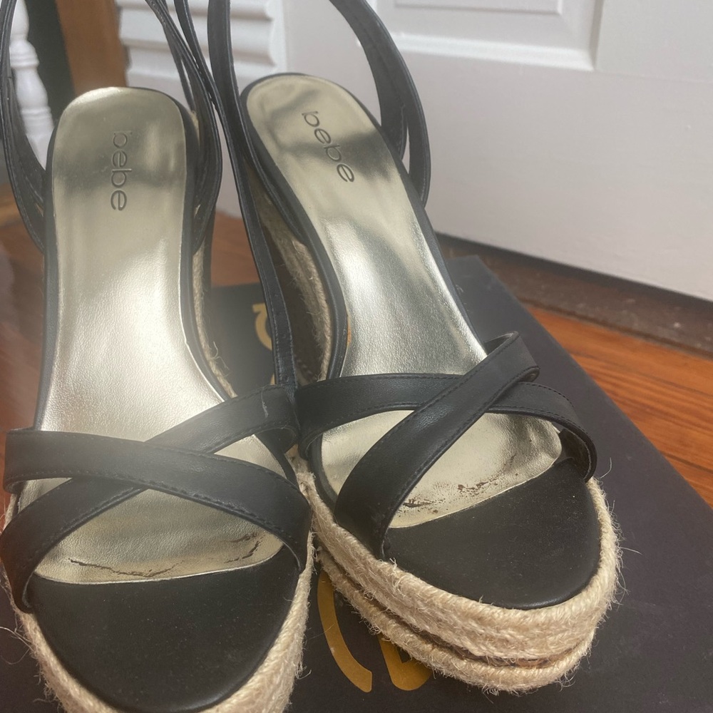 Bebe Black Espadrille Wedge Shoes with Ankle Strap